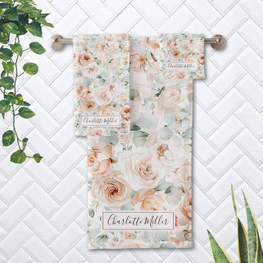 Monogram Roos Eucalyptus Bladeren Groene Bloemen Bad Handdoek