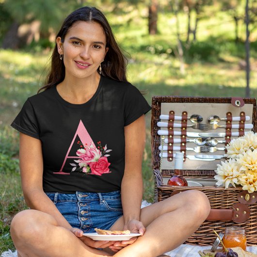 Monogram Roos Gold Alphabet A Waterverf Flowers T-shirt