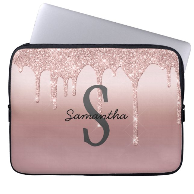 Monogram Roos Gold Drip Glitter Blush Pink Trendy Laptop Sleeve (Voorkant)