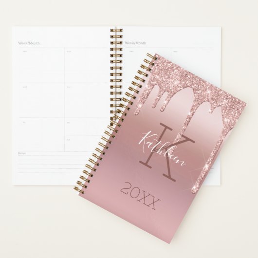 Monogram Roos Gold Drip Glitter Blush Pink Trendy Planner (Display)
