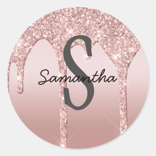 Monogram Roos Gold Drip Glitter Blush Pink Trendy Ronde Sticker (Voorkant)