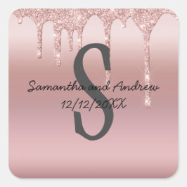 Monogram Roos Gold Drip Glitter Blush Pink Trendy Vierkante Sticker
