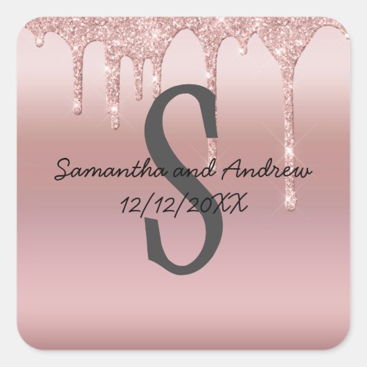 Monogram Roos Gold Drip Glitter Blush Pink Trendy Vierkante Sticker (Voorkant)