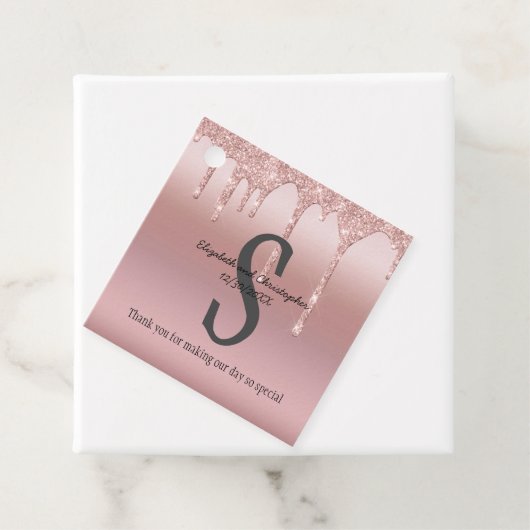 Monogram Roos Gold Drip Glitter Blush Pink Weddens Bedankjes Labels (In situ)