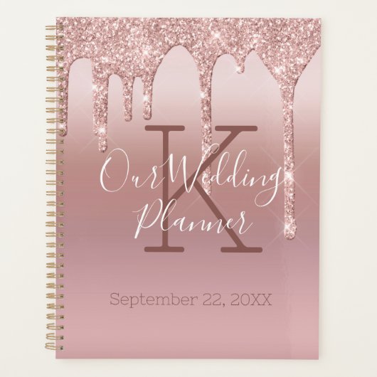 Monogram Roos Gold Drip Glitter Blush Pink Weddens Planner (Voorkant)