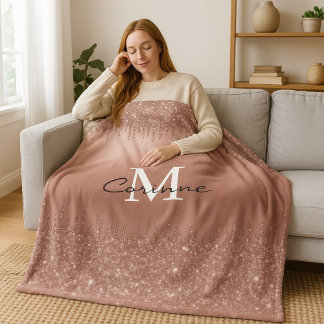 Monogram Roos Gold Driving Glitter Metallic Name Fleece Deken