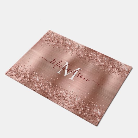 Monogram Roos Gold Faux-Glitter Girly Glam Deurmat (Schuin)