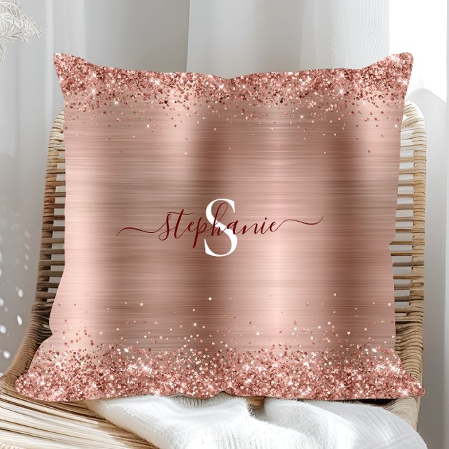 Monogram Roos Gold Faux-Glitter Girly Glam Kussen (Monogram Rose Gold Glitter Girly Glam Throw Pillow)