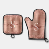 Monogram Roos Gold Faux-Glitter Girly Glam Ovenwant & Pannenlap Set (Voorkant)