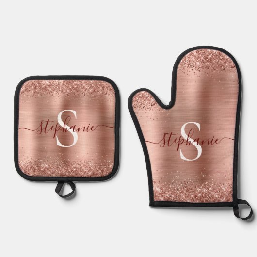 Monogram Roos Gold Faux-Glitter Girly Glam Ovenwant & Pannenlap Set (Voorkant)