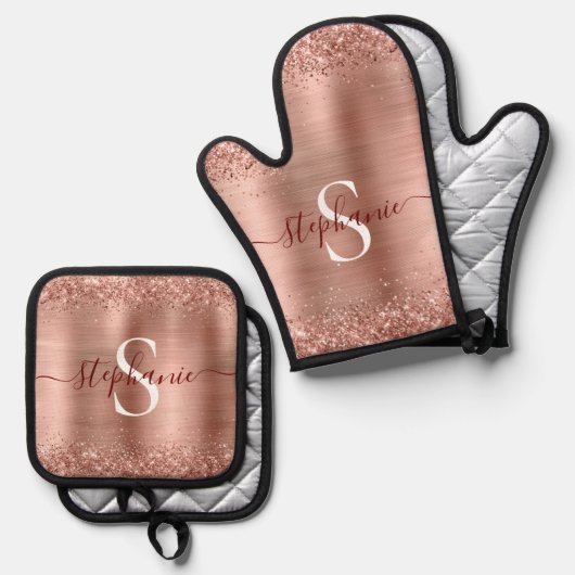 Monogram Roos Gold Faux-Glitter Girly Glam Ovenwant & Pannenlap Set (Voorkant / Achterkant)