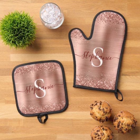 Monogram Roos Gold Faux-Glitter Girly Glam Ovenwant & Pannenlap Set (Top down)
