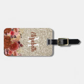Monogram Roos Gold Floral Gold Glitter Bagagelabel (Voorkant horizontaal)