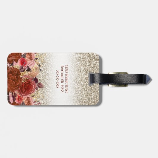 Monogram Roos Gold Floral Gold Glitter Bagagelabel (Achterkant horizontaal)