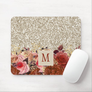 Monogram Roos Gold Flowers Light Gold Glitter Muismat