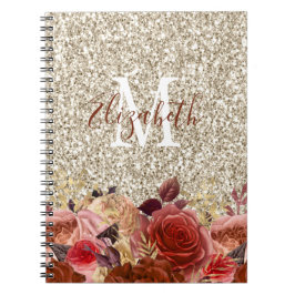 Monogram Roos Gold Flowers Light Gold Glitter Notitieboek