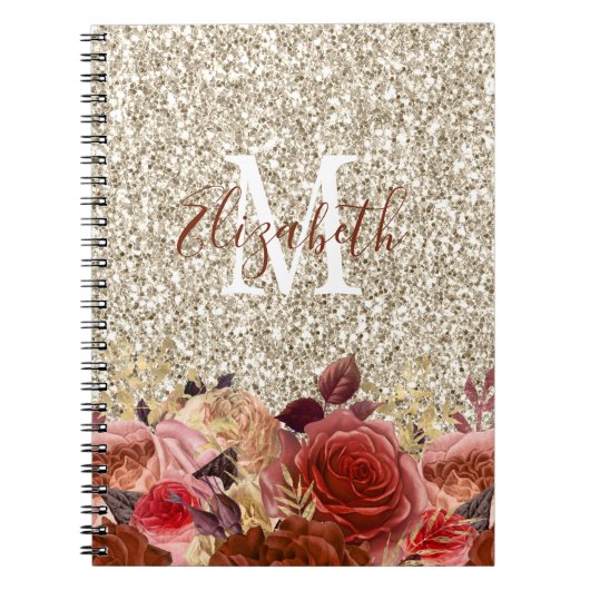 Monogram Roos Gold Flowers Light Gold Glitter Notitieboek (Voorkant)