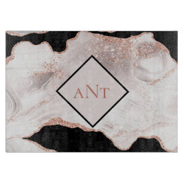 Monogram Roos Gold Glitter Agate Black White Swirl Snijplank
