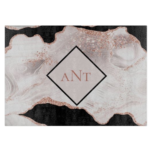 Monogram Roos Gold Glitter Agate Black White Swirl Snijplank (Voorkant)