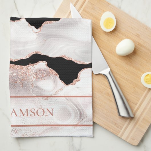 Monogram Roos Gold Glitter Agate Black White Swirl Theedoek (Quarter Fold)