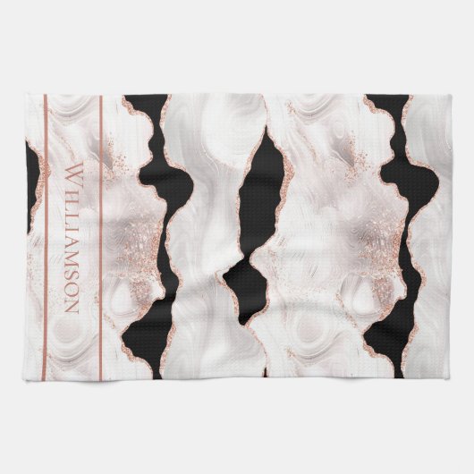 Monogram Roos Gold Glitter Agate Black White Swirl Theedoek (Horizontaal)