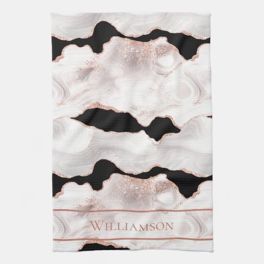 Monogram Roos Gold Glitter Agate Black White Swirl Theedoek (Verticaal)