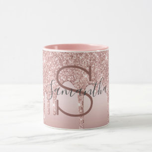 Monogram Roos Gold Glitter Drip Blush Pink Trendy Mok