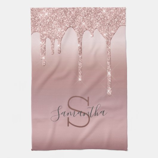 Monogram Roos Gold Glitter Drip Blush Pink Trendy Theedoek (Verticaal)