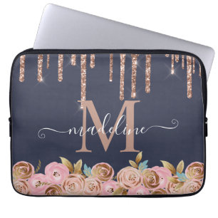 Monogram Roos Gold Glitter Drip Girly Glam Laptop Sleeve