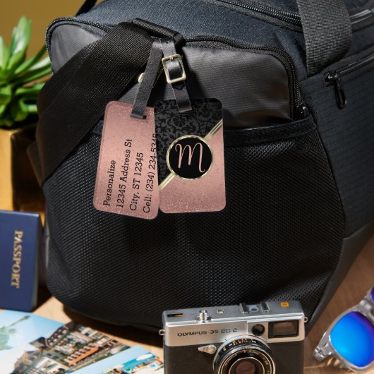 Monogram Roos Gold Glitter en Black Damask Bagagelabel (Voorkant /achterkant)