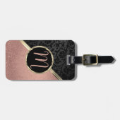 Monogram Roos Gold Glitter en Black Damask Bagagelabel (Voorkant horizontaal)