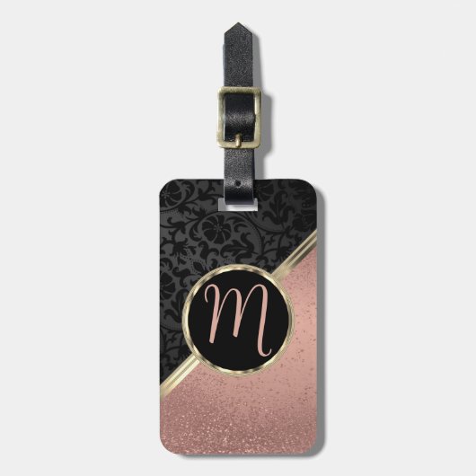 Monogram Roos Gold Glitter en Black Damask Bagagelabel (Voorkant verticaal)