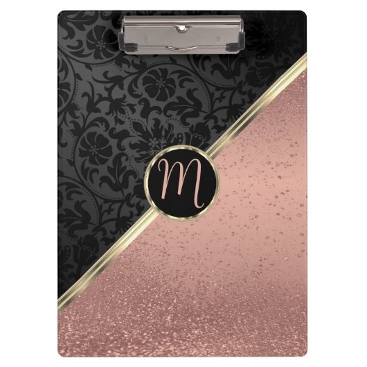 Monogram Roos Gold Glitter en Black Damask Clipbo Klembord (Voorkant)