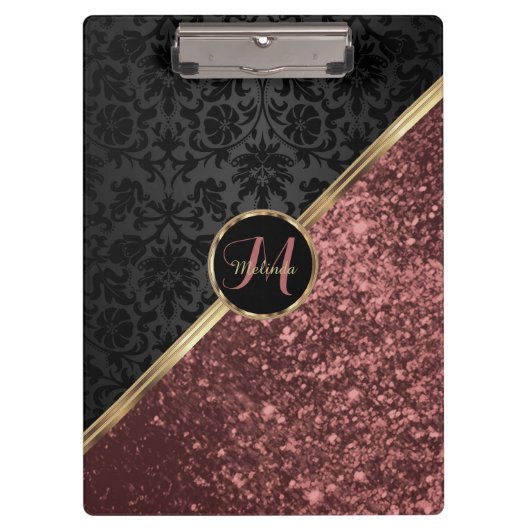 Monogram Roos Gold Glitter en Black Damask Klembord (Voorkant)