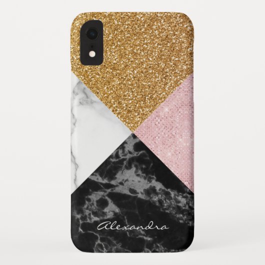 Monogram Roos Gold Glitter en Black White Marble Case-Mate iPhone Case (Achterkant)