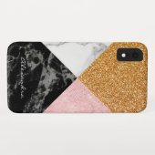 Monogram Roos Gold Glitter en Black White Marble Case-Mate iPhone Case (Achterkant (horizontaal))