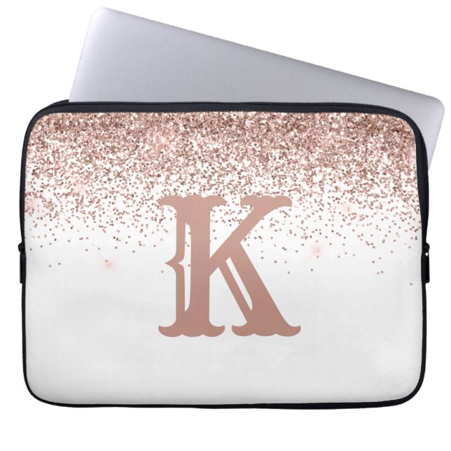 Monogram Roos Gold Glitter Girly Personeelsgeperso Laptop Sleeve (Voorkant)