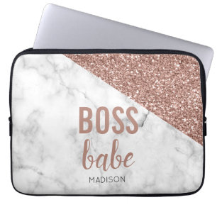 Monogram Roos Gold Glitter Marble Boss Babe Laptop Sleeve