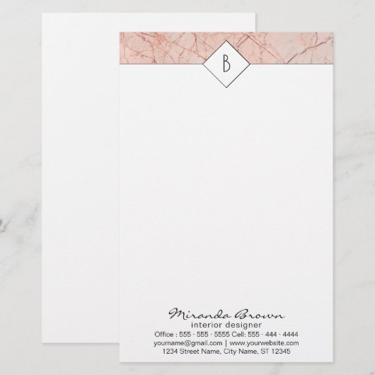 Monogram Roos Gold Marble Contactgegevens Briefpapier (Voorkant / Achterkant)