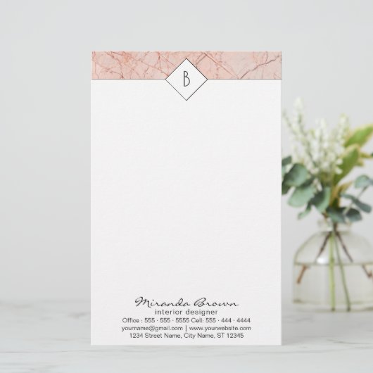 Monogram Roos Gold Marble Contactgegevens Briefpapier (Staand voorkant)