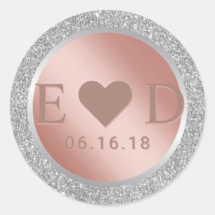 Monogram Roos Gold Modern Silver Glitter Wedding Ronde Sticker