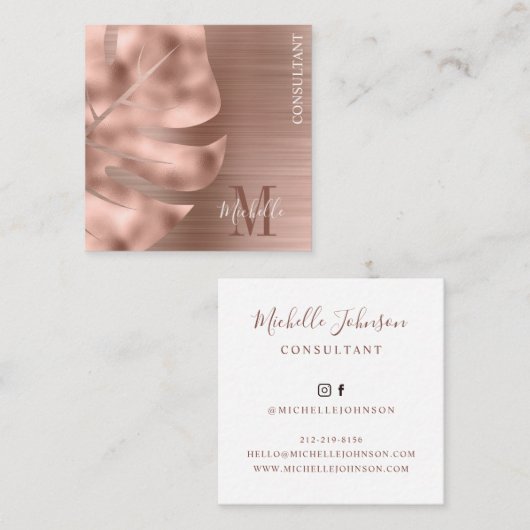Monogram Roos Gold Palm Leaf Brushed Metal Vierkante Visitekaartje (Voorkant / Achterkant)
