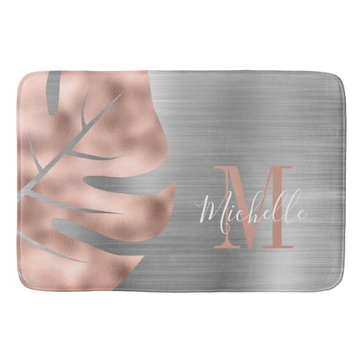 Monogram Roos Gold Palm Silver Leaf Brushed Metal Badmat (Voorkant)