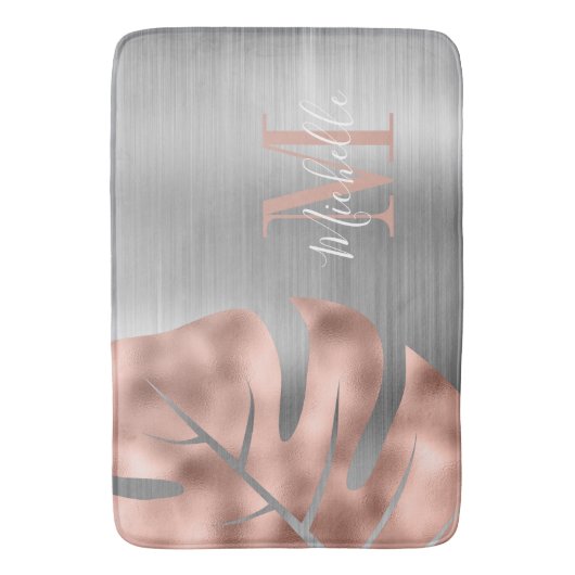 Monogram Roos Gold Palm Silver Leaf Brushed Metal Badmat (Voorkant Verticaal)