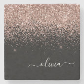 Monogram Roos Gold Pink Black Glitter Script Stenen Onderzetter (Voorkant)
