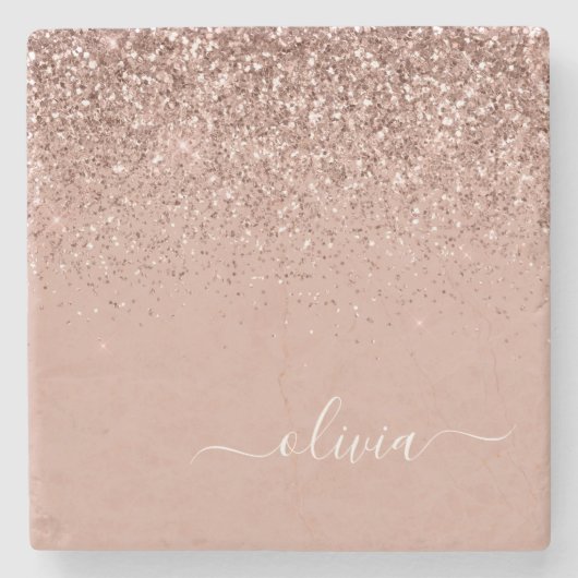 Monogram Roos Gold Pink Black Glitter Script Stenen Onderzetter (Voorkant)