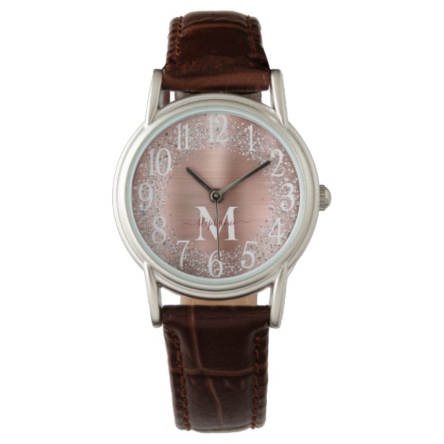 Monogram Roos Gold Silver Glitter Glam Horloge (Voorkant)