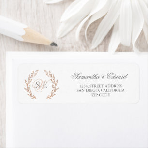 Monogram Roos Gold Wreath Wedding Return Address Etiket