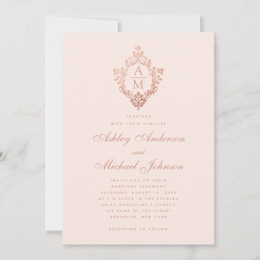 Monogram Roos Goud Bloemen Crest Blush Roze Bruilo Kaart (Voorkant)