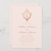 Monogram Roos Goud Bloemen Crest Blush Roze Bruilo Kaart (Voorkant / Achterkant)